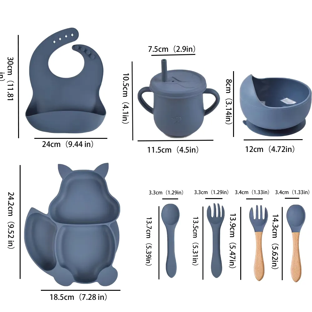 El juego de vajilla de alimentación de bebé de silicona de 8 piezas incluye un tazón de succión y platos divididos y un babero ajustable y una taza de pajita con tapa y tenedores y cucharas Color-C big image 1