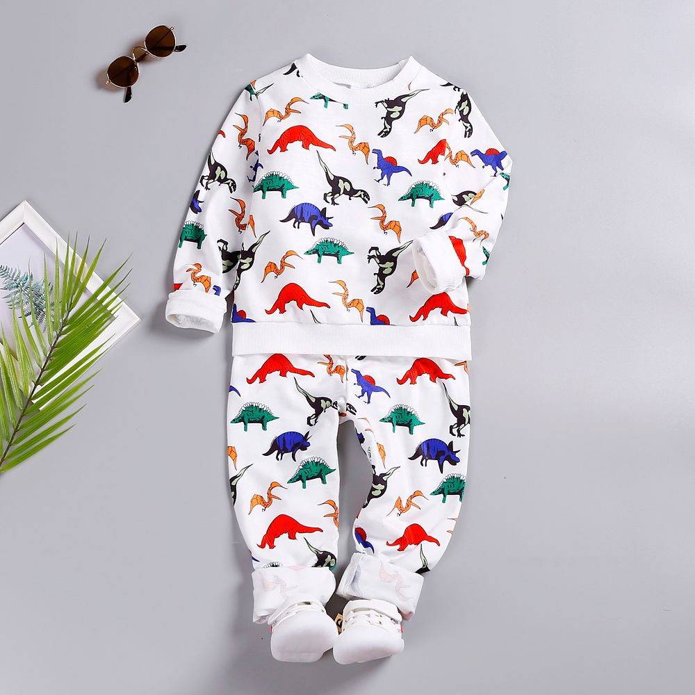 2-piece Toddler Boy Dinosaur Print Pullover Sweatshirt And Elasticized Pants Set