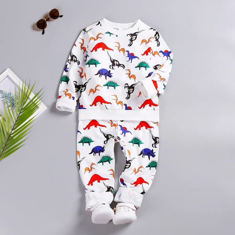2-piece Toddler Boy Dinosaur Print Pullover Sweatshirt and Elasticized Pants Set  big image 1