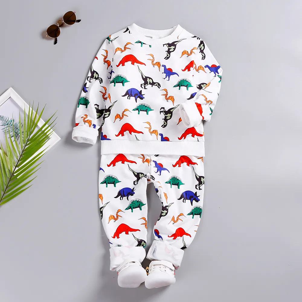 2-piece Toddler Boy Dinosaur Print Pullover Sweatshirt and Elasticized Pants Set White big image 1