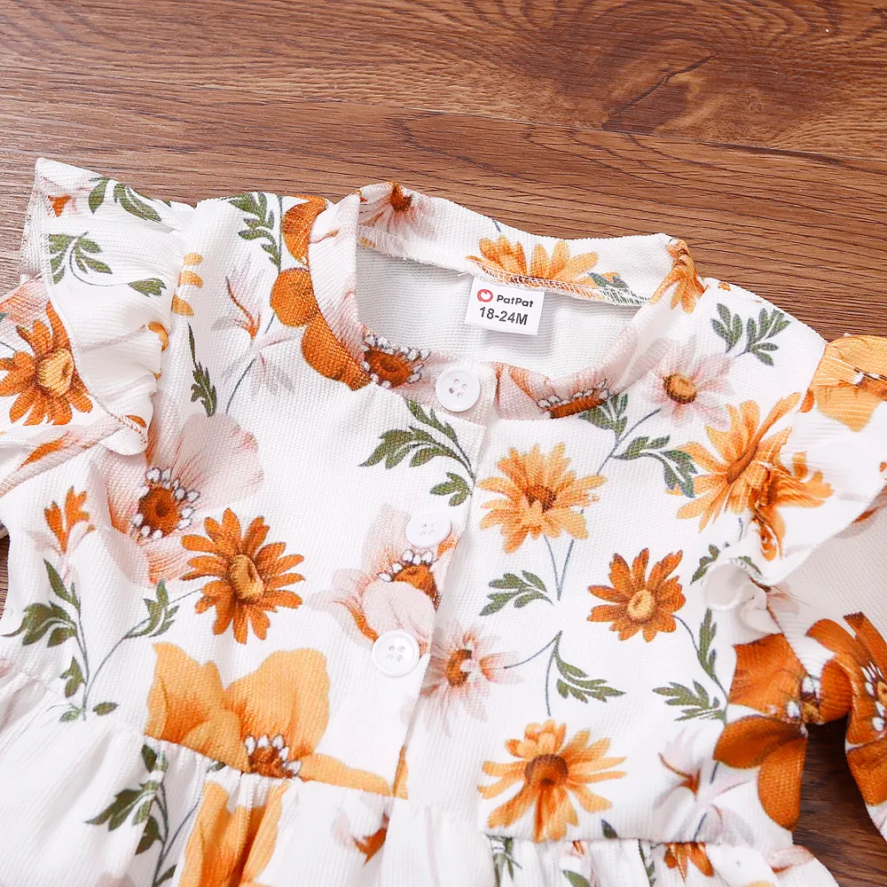 2 Stück Kleinkinder Mädchen Flatterärmel Süß Tropische Pflanzen und Blumen T-Shirt-Sets gelb big image 1