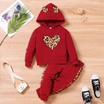 2-piece Toddler Girl Leopard Print Heart Pattern Hoodie Sweatshirt and Pants Set Burgundy