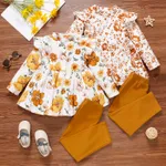 2-piece Toddler Girl Floral Print Button Design Corduroy Flutter Long-sleeve Top and Solid Pants Set White