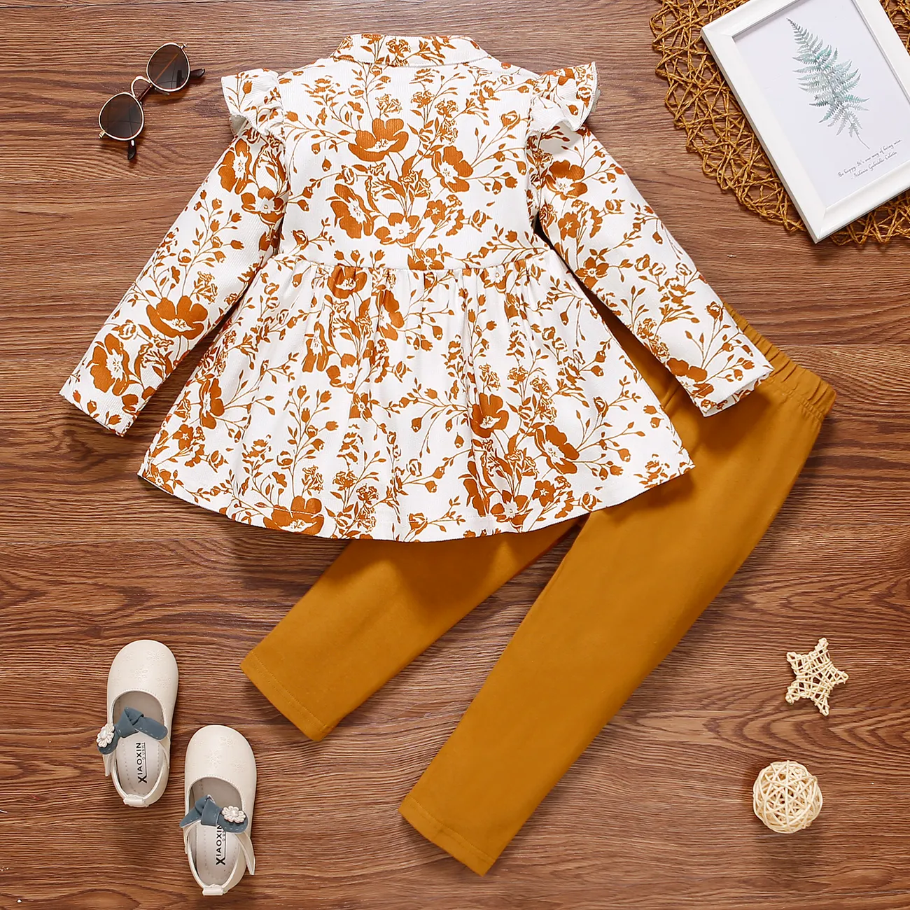 2-piece Toddler Girl Floral Print Button Design Corduroy Flutter Long-sleeve Top and Solid Pants Set White big image 1