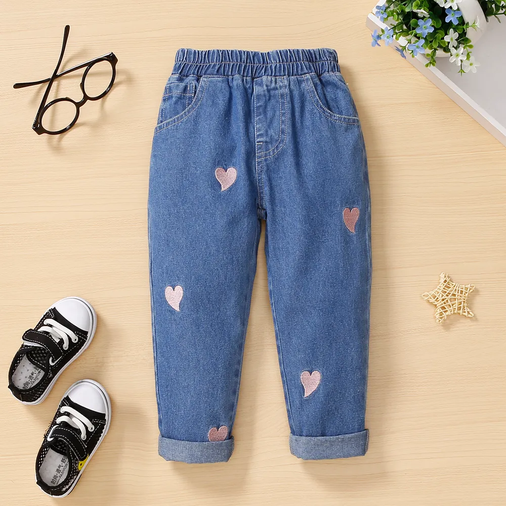 Toddler Girl Heart Embroidered Elasticized Blue Denim Jeans  big image 6
