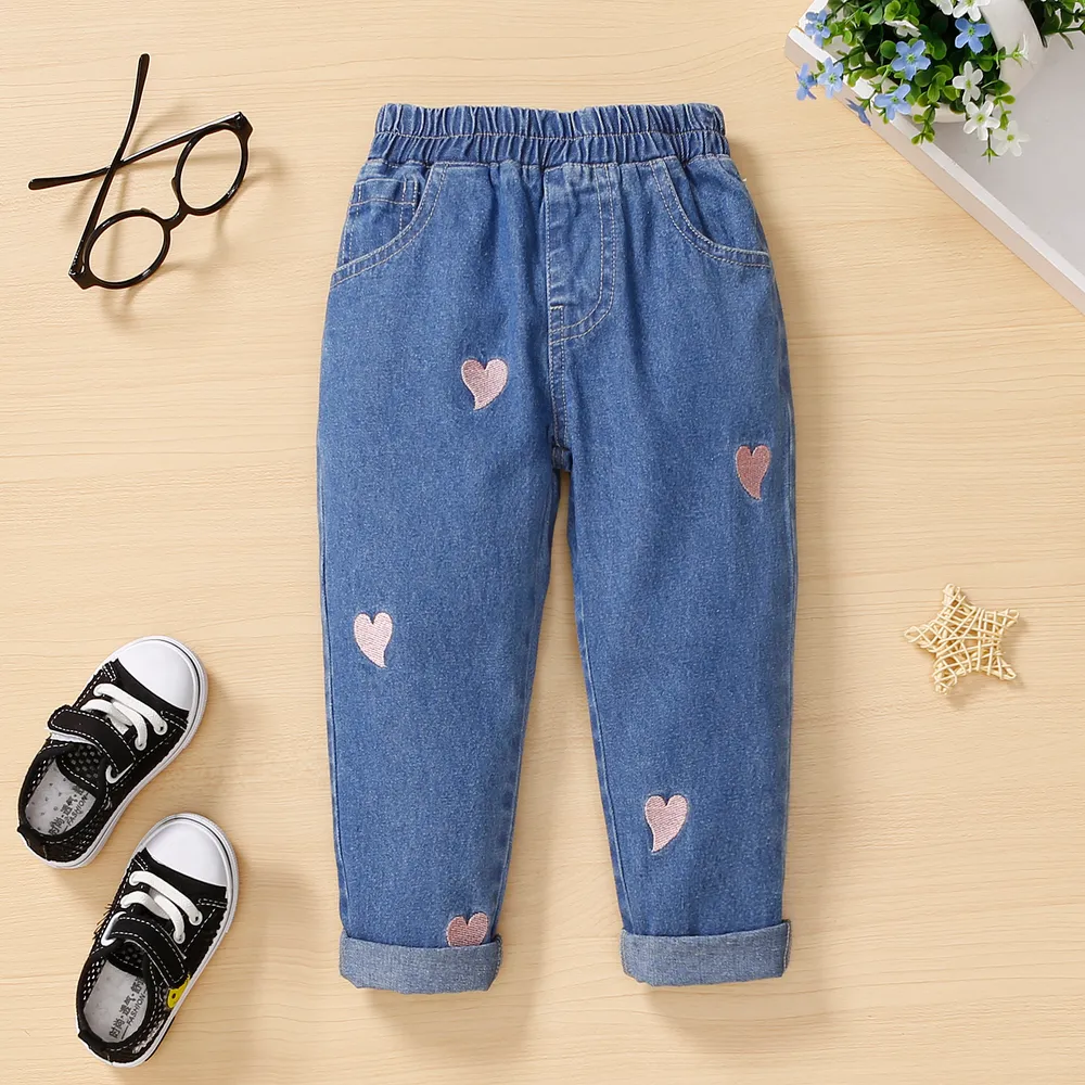Toddler Girl Heart Embroidered Elasticized Blue Denim Jeans big image 6