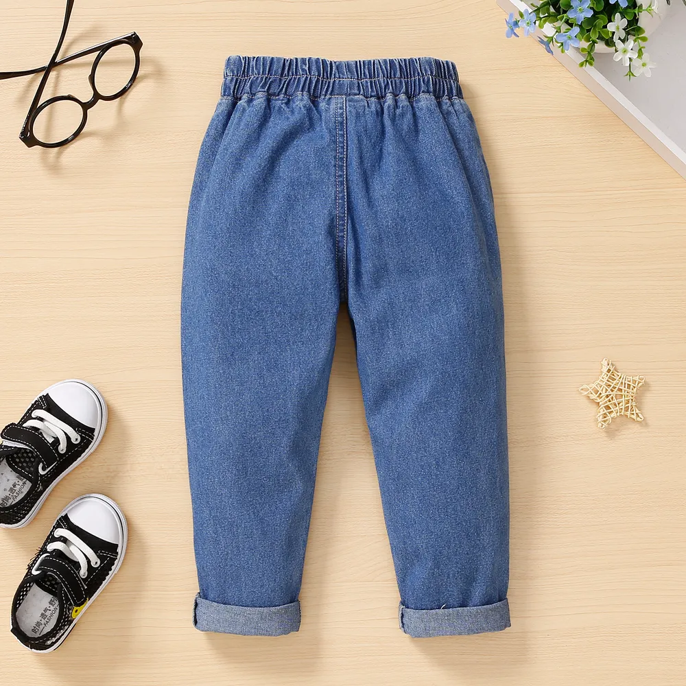 Toddler Girl Heart Embroidered Elasticized Blue Denim Jeans big image 7
