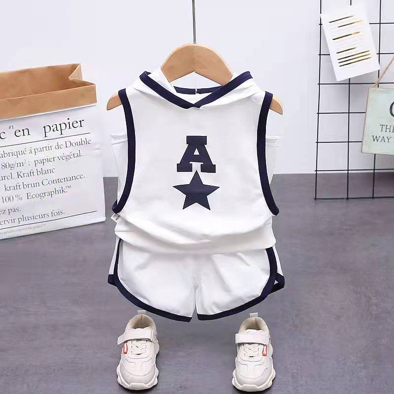 

2pcs Toddler Boy Casual Letter Print Hooded Sleeveless Tee & Shorts Set