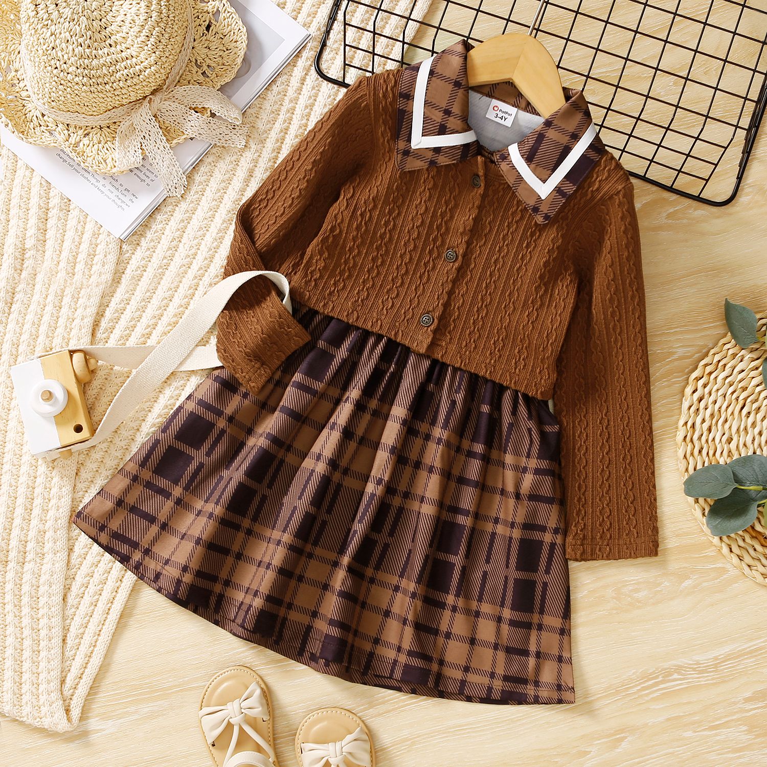 

2pcs Toddler Girl Lapel Collar Plaid Sleeveless Dress and Cable Knit Long-sleeve Cardigan Set