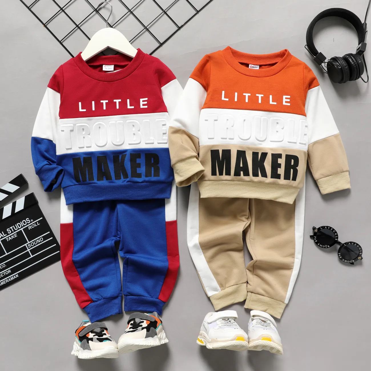 2pcs Toddler Boy Trendy Letter Print Colorblock Sweatshirt and Pants Set Blue big image 1
