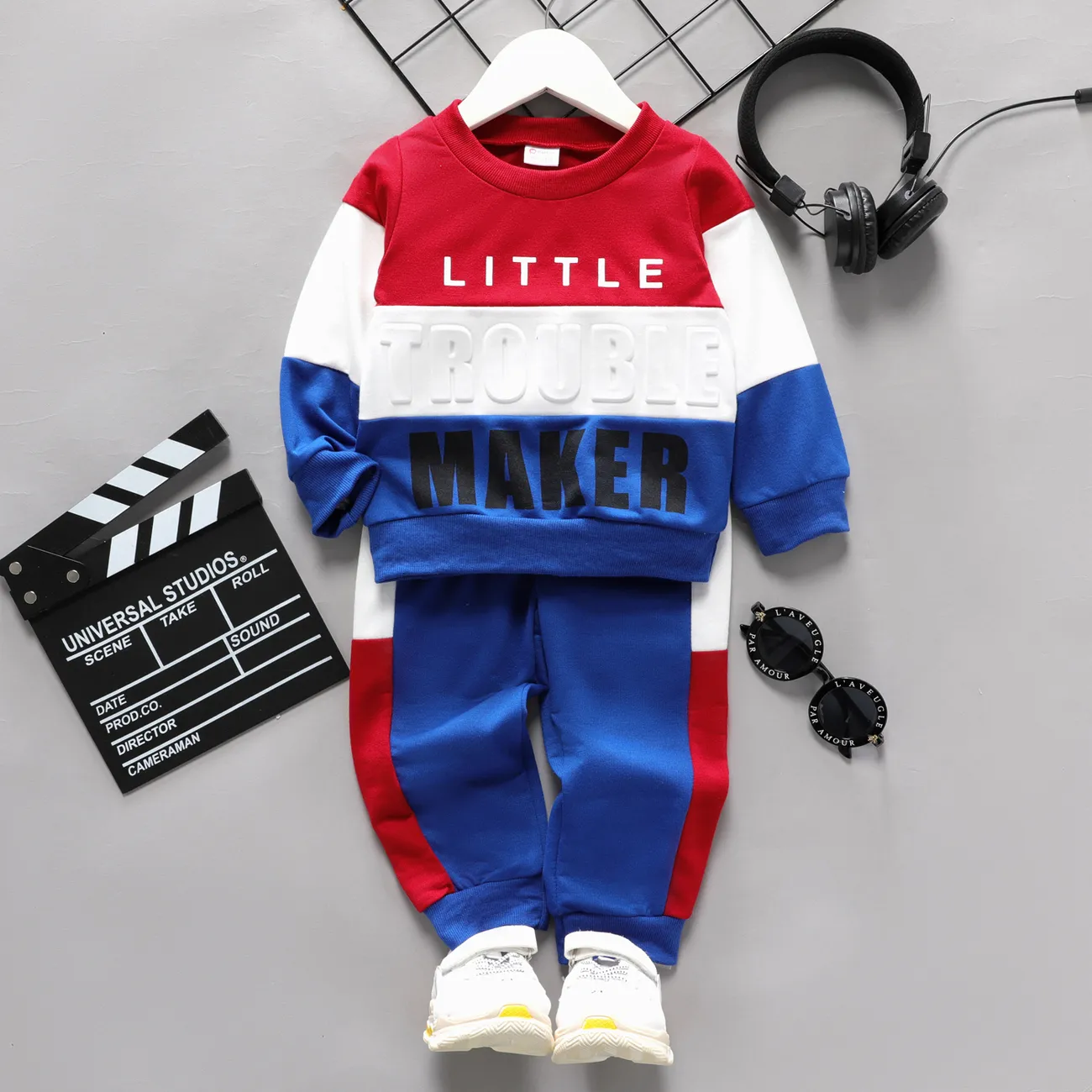 2pcs Toddler Boy Trendy Letter Print Colorblock Sweatshirt and Pants Set