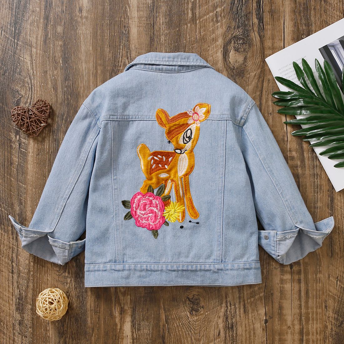 

Toddler Girl Playful Denim Deer Floral Embroidered Lapel Collar Jacket