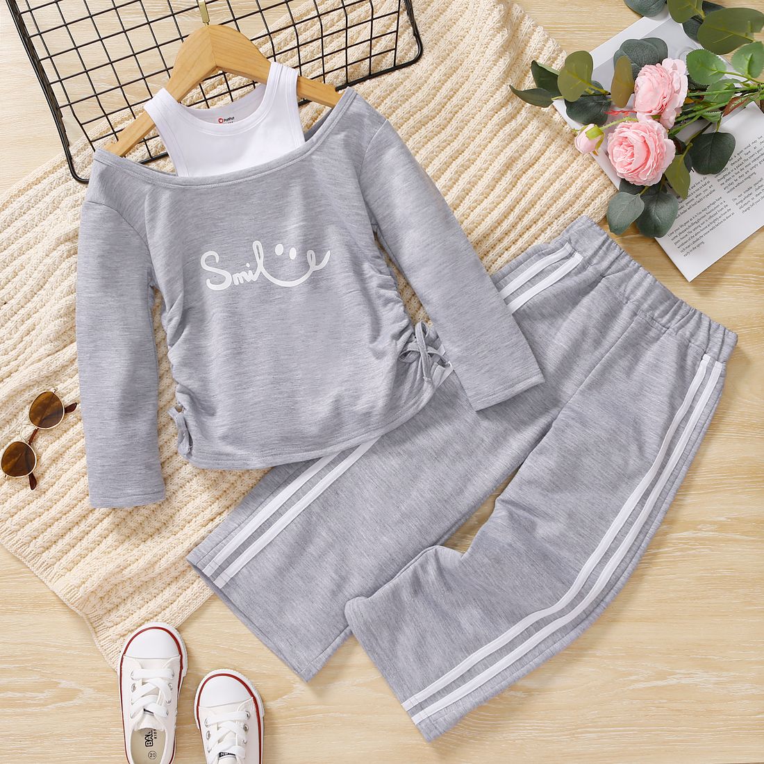 

2pcs Toddler Girl Faux-two Cold Shoulder Letter Print Long-sleeve Tee and Striped Pants Set