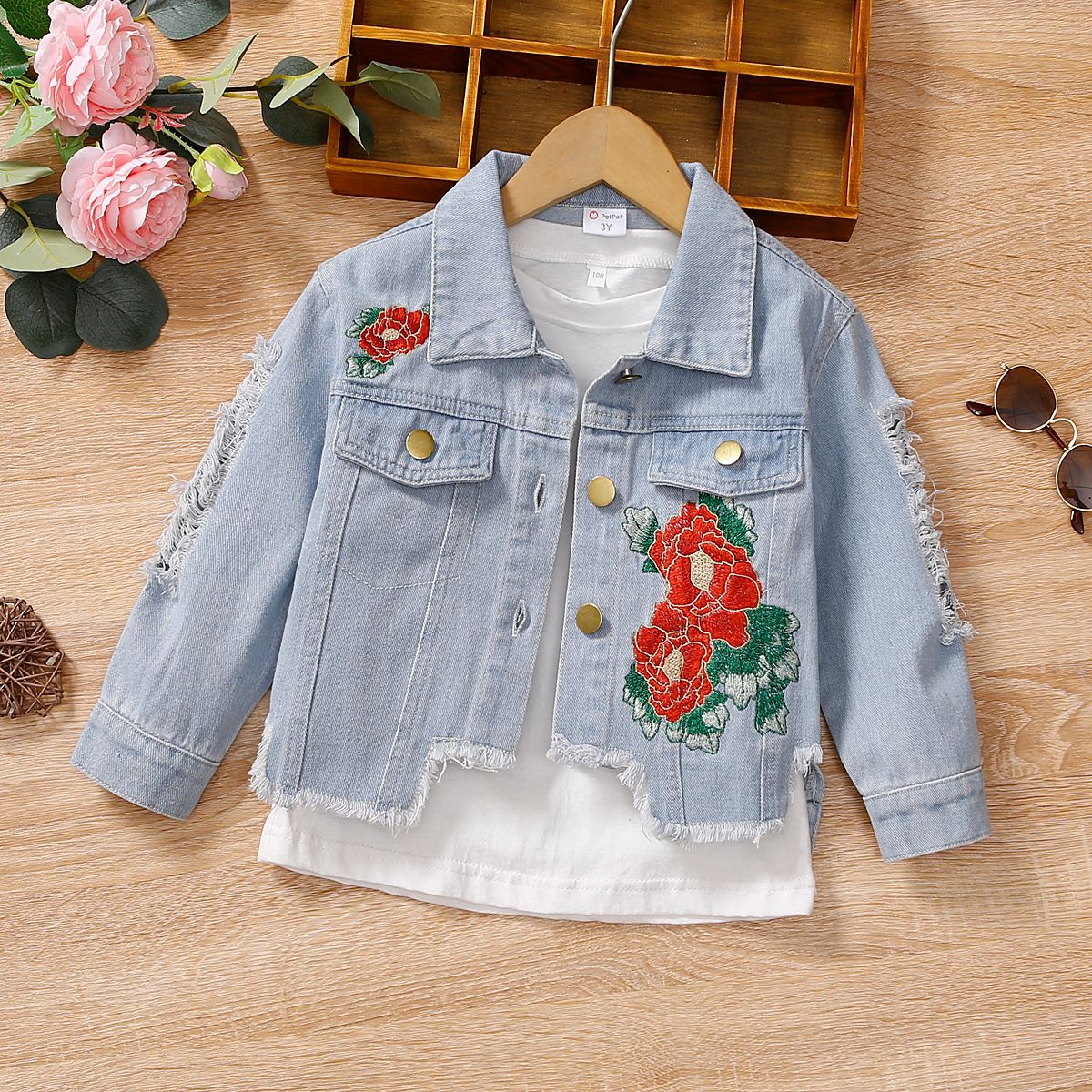 

Toddler Girl Sweet Floral Embroidered Denim Irregular Cotton Jacket (Tee is not included)