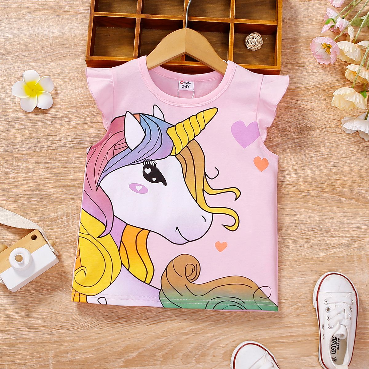 

Toddler Girl Playful Cotton Unicorn Print Flutter-sleeve Tee