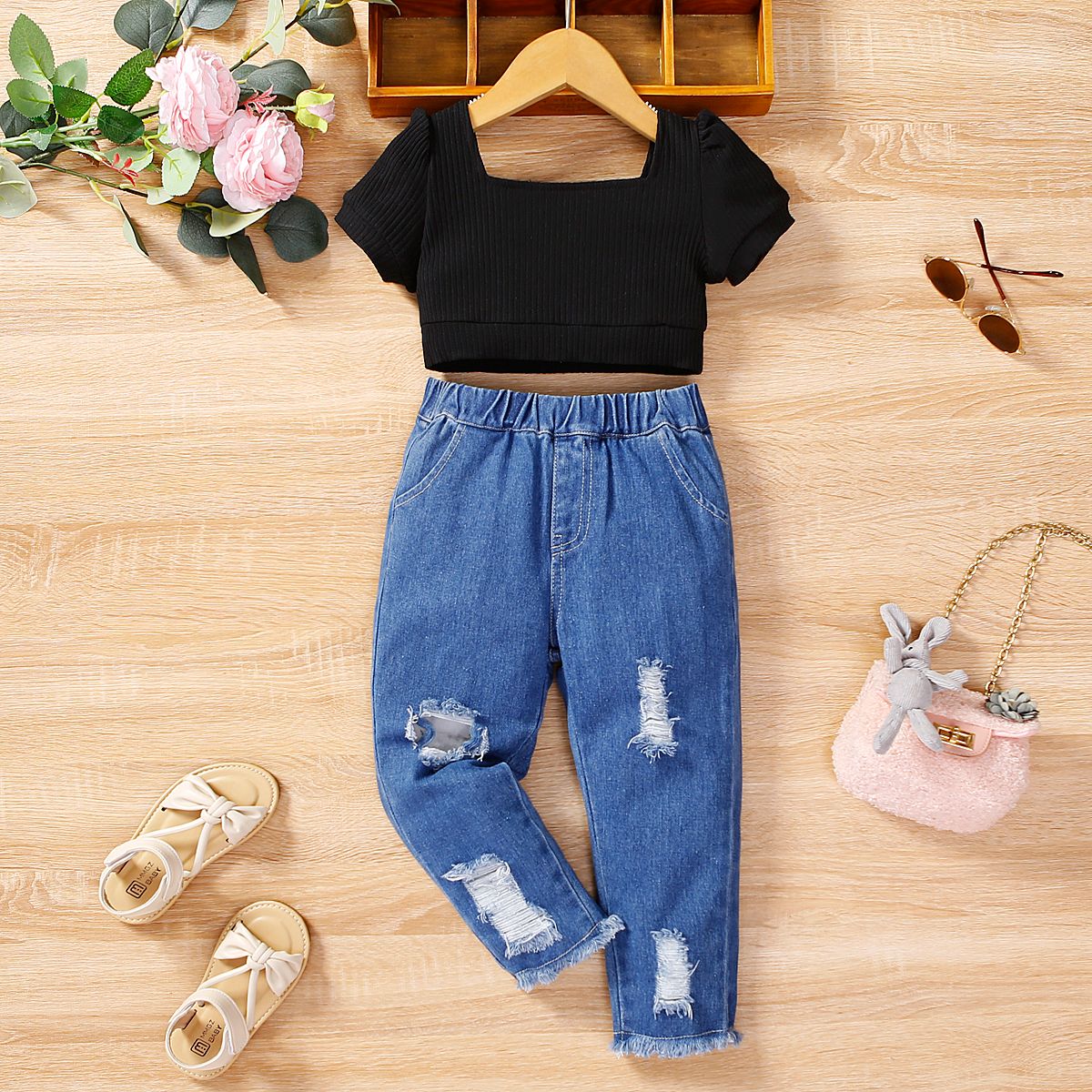 

2pcs Toddler Girl Trendy Ripped Denim Jeans and Square Neck Tee Set