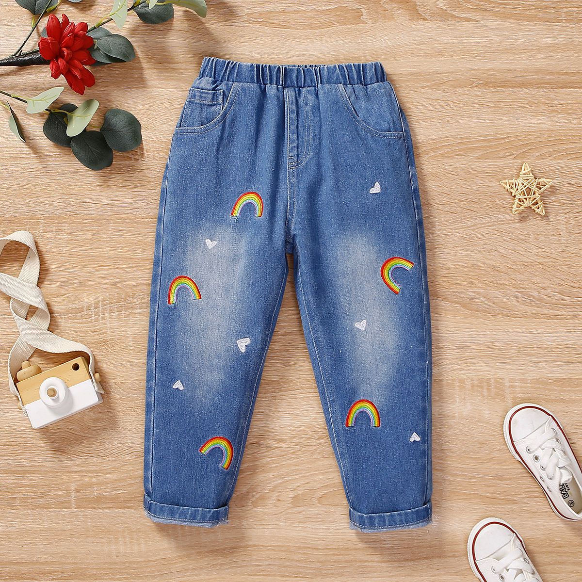 

Toddler Girl Playful Rainbow & Heart Pattern Jeans
