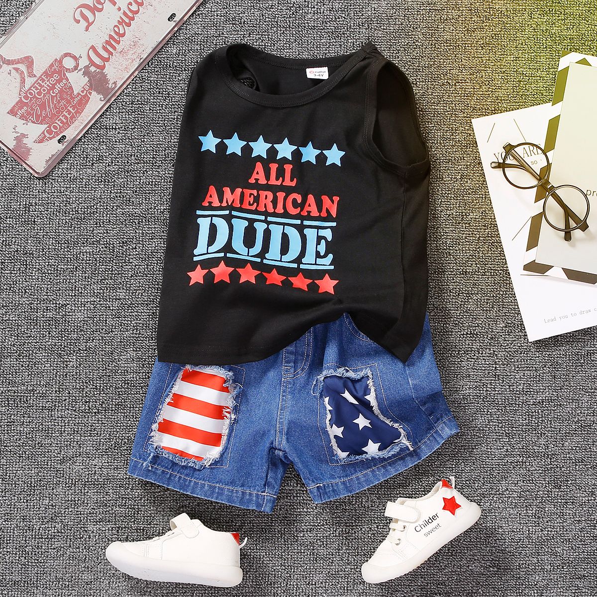 Independence Day 2pcs Toddler Boy Letter Print Cotton Tank Top and Ripped Denim Shorts Set