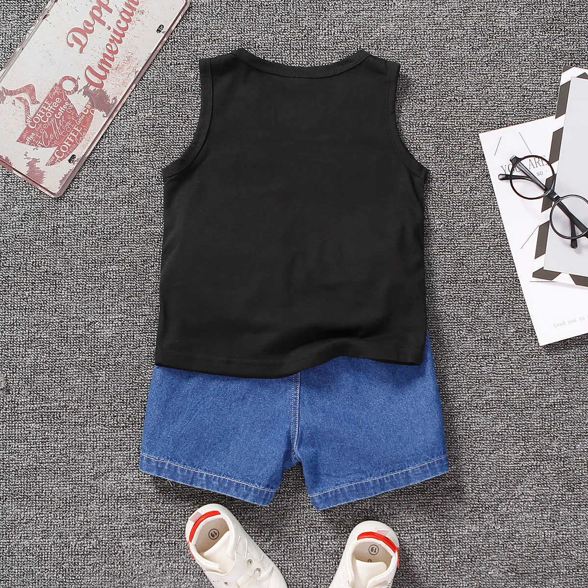 Independence Day 2pcs Toddler Boy Letter Print Cotton Tank Top and Ripped Denim Shorts Set Black image 2