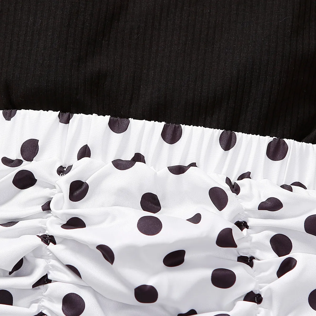 2pcs Toddler Girl Solid Ribbed Halter Top and Polka Dots Ruched Skirt Set BlackandWhite image 5