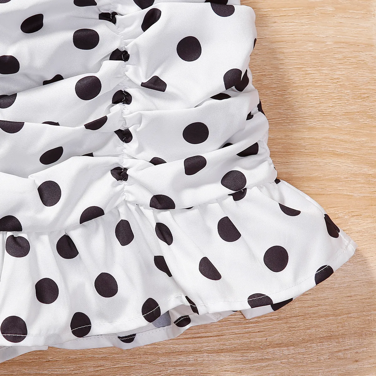 2pcs Toddler Girl Solid Ribbed Halter Top and Polka Dots Ruched Skirt Set BlackandWhite image 6