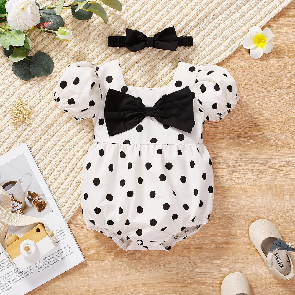 2pcs Baby Girl Allover Polka Dots Print Bow Decor Puff-sleeve Romper and Headband Set  big image 1