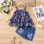 2pcs Toddler Girl Boho Ripped Denim Shorts and Exotic Graphic Camisole Set Royal Blue