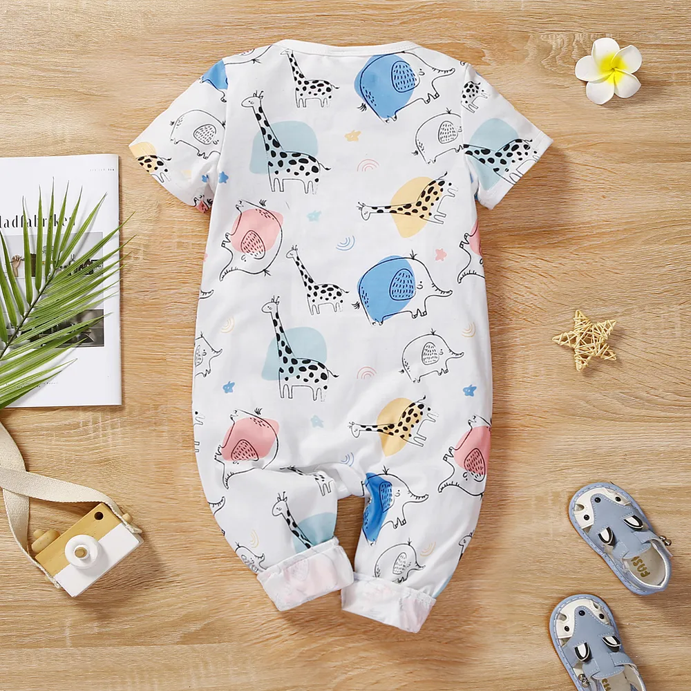 Baby Girl/Boy Elephant & Giraffe Print Short-sleeve Jumpsuit big image 2