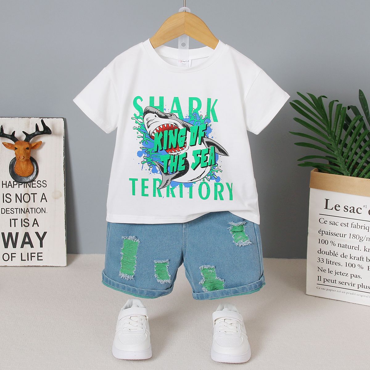 2pcs Toddler Boy Shark Letter Print Short-sleeve Cotton Tee And Cotton Ripped Denim Shorts Set