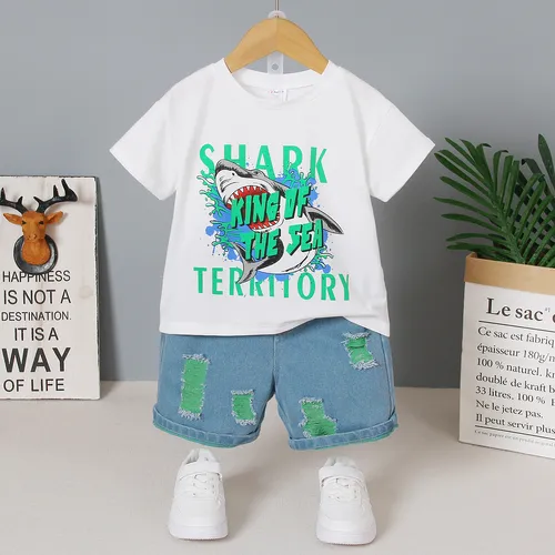 2 Stück Kleinkinder Jungen Löcher Kindlich Hai T-Shirt-Sets