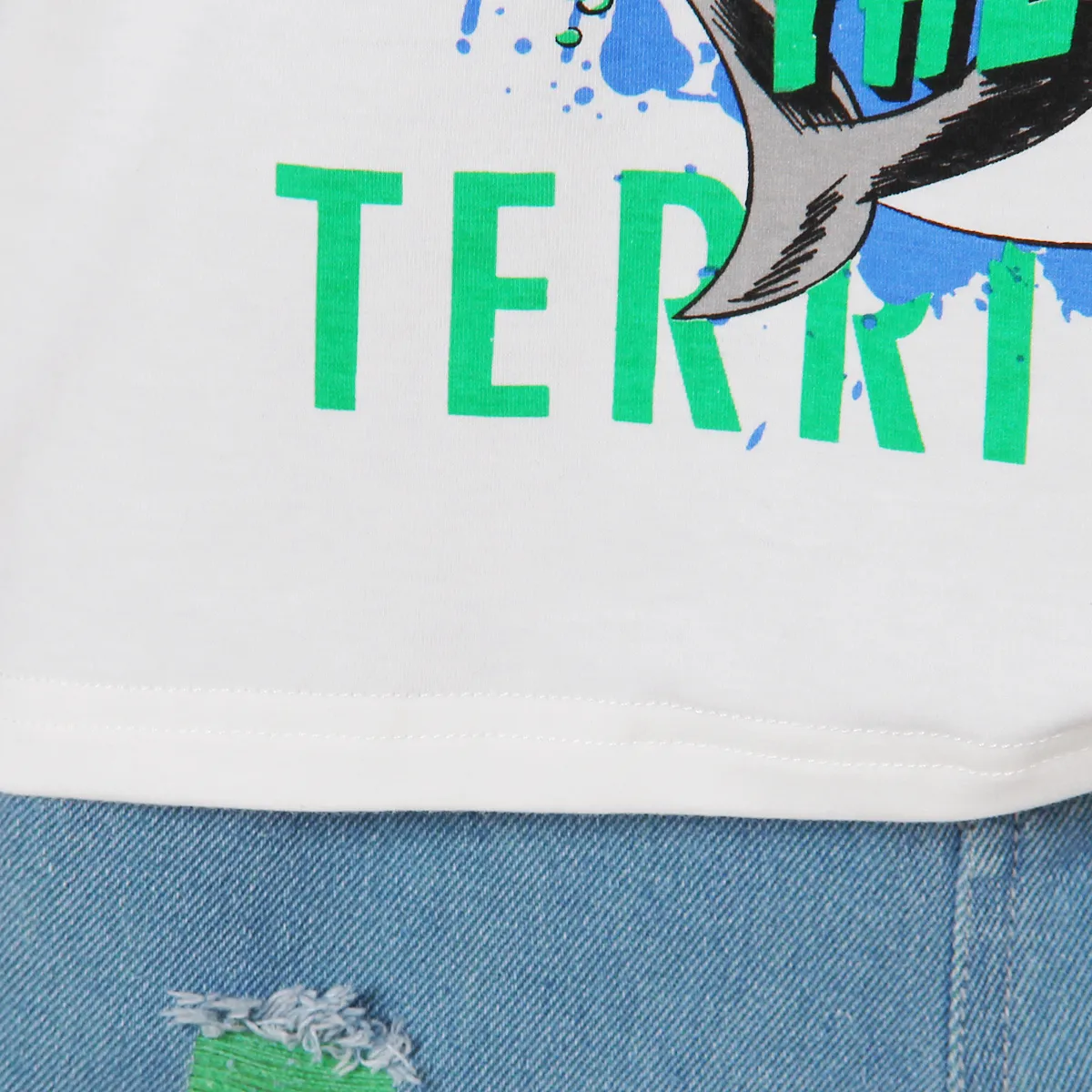 2pcs Toddler Boy Shark Letter Print Short-sleeve Cotton Tee and Cotton Ripped Denim Shorts Set  image 5