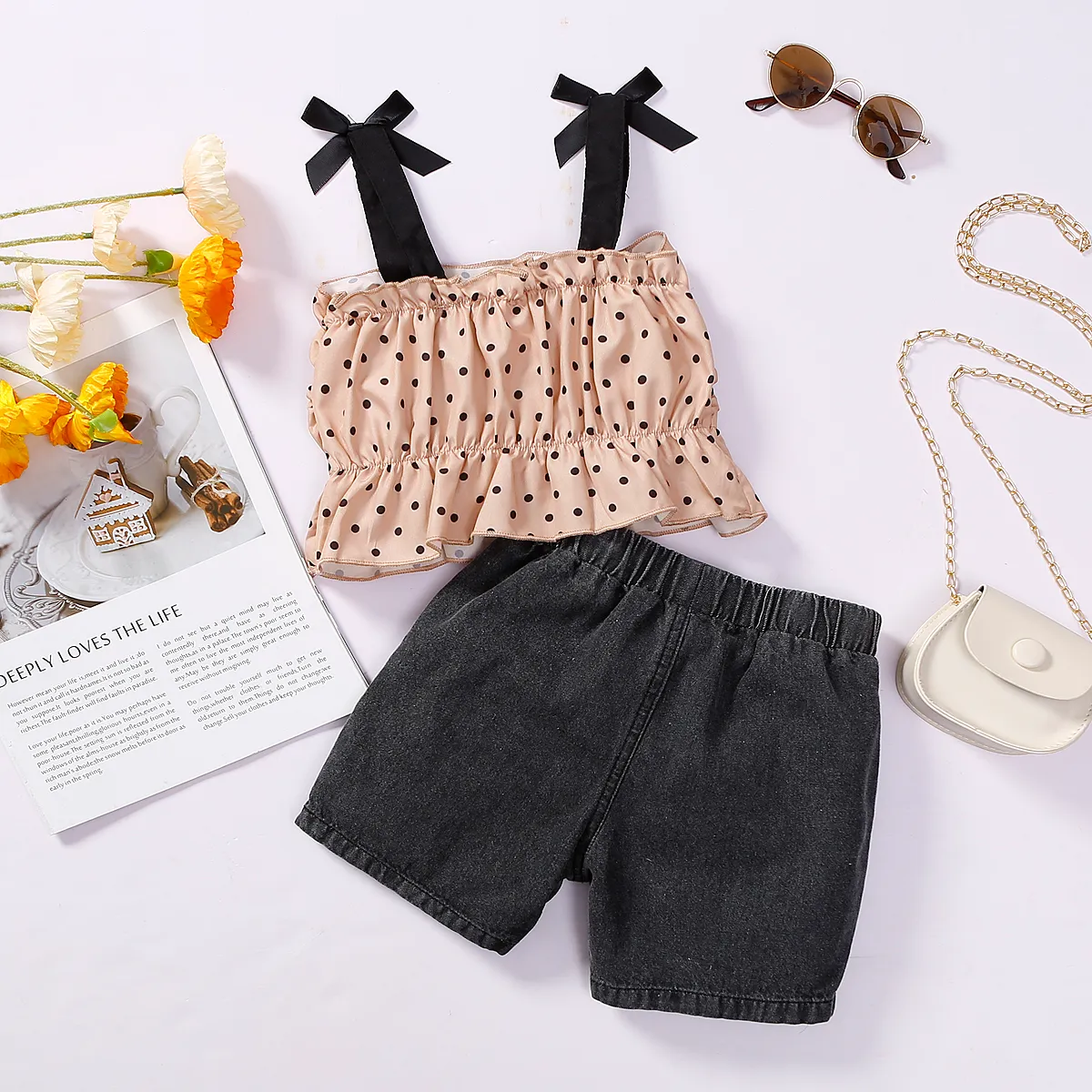 2pcs Toddler Girl Ruched Cami Top and Cotton Ripped Denim Shorts Set  image 6