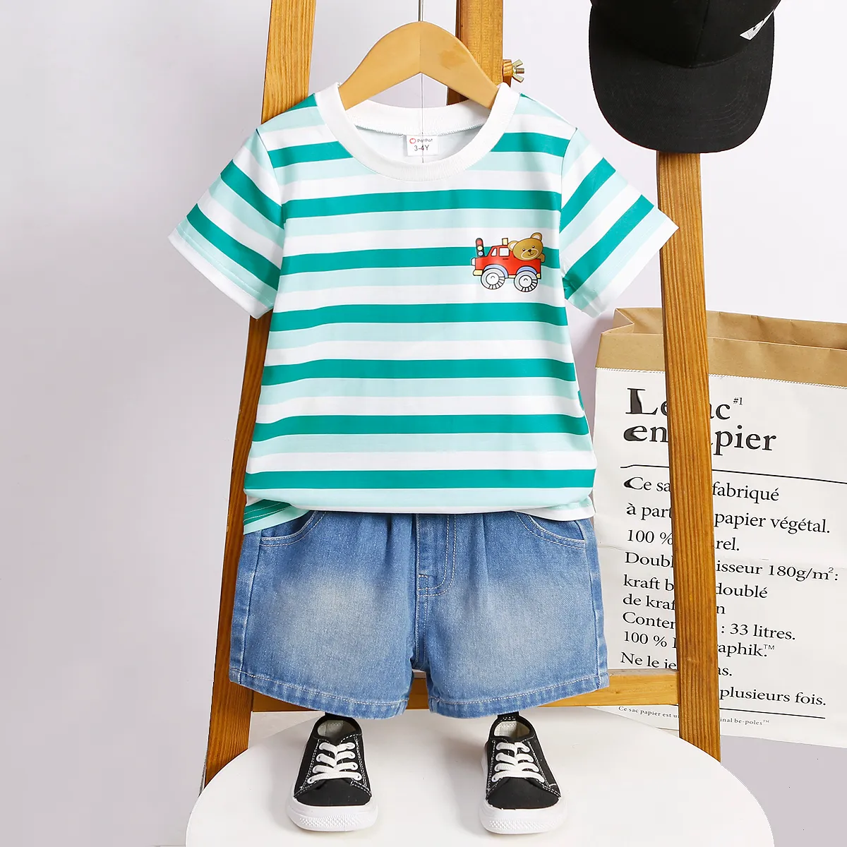 2pcs Toddler Boy Vehicle Print Stripe Short-sleeve Tee and 95% Cotton Denim Shorts Set Green big image 1