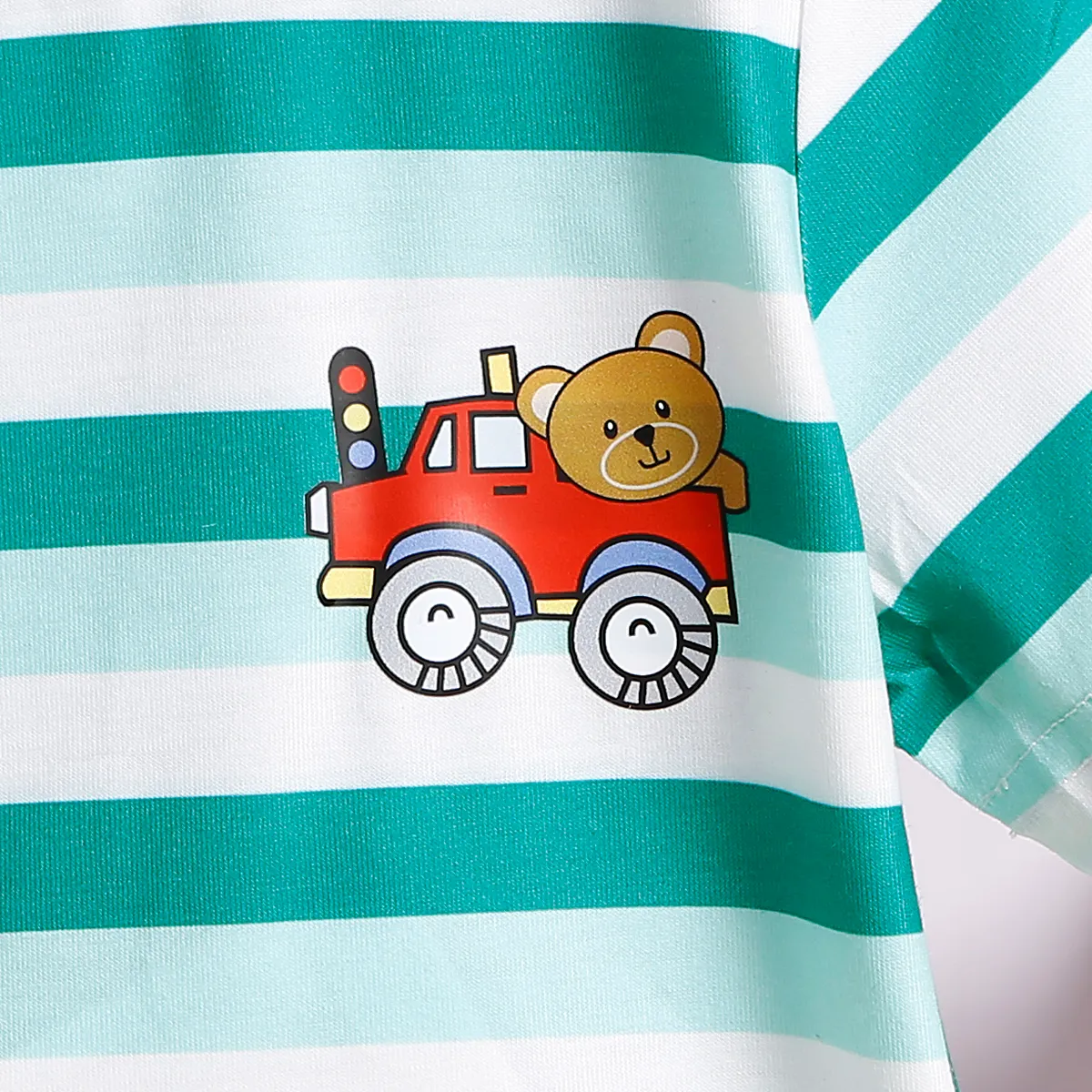 2pcs Toddler Boy Vehicle Print Stripe Short-sleeve Tee and 95% Cotton Denim Shorts Set Green image 3