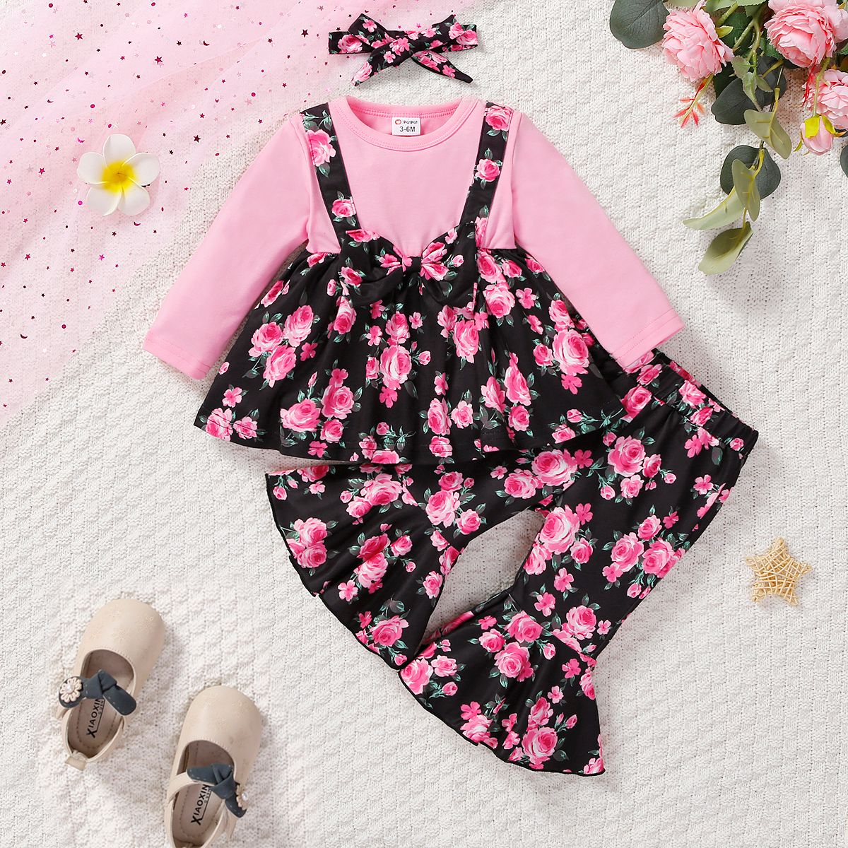 3pcs Baby Girl Bow Decor Floral Panel Long-sleeve 2 In 1 Top & Flared Pants & Headband Set