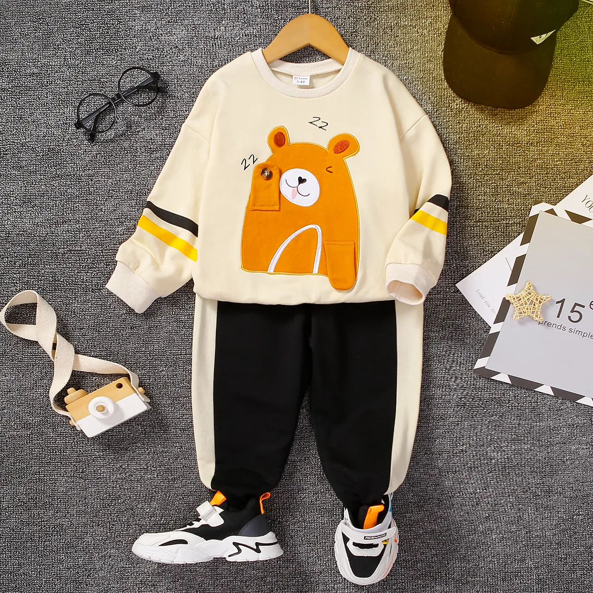 2pcs Toddler Girl Cute Bear Embroidered Pullover Sweatshirt and Pants Set  big image 1