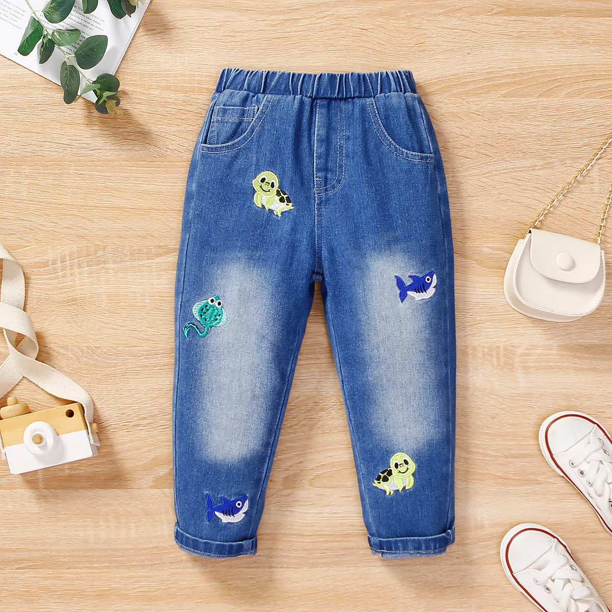 Toddler Boy Sea Animal Embroidered Jeans   Blue big image 1