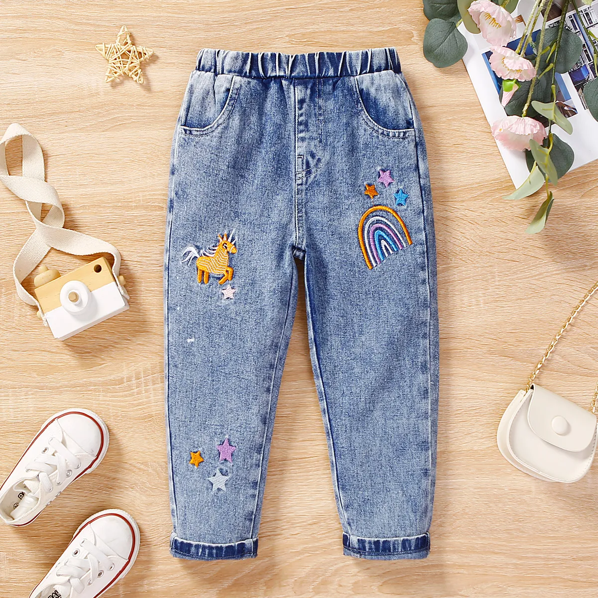 

Toddler Girl Unicorn Rainbow Stars Embroidered Jeans