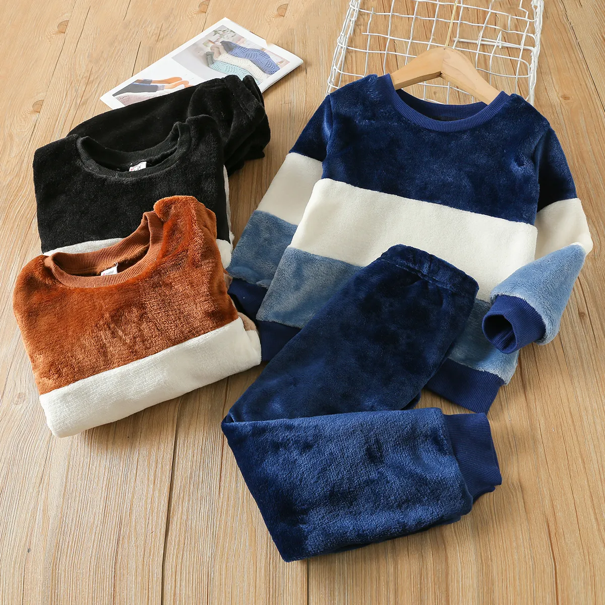 2-piece Toddler Boy Colorblock Fuzzy Flannel Fleece Pullover Sweatshirt and Solid Color Pants Set Brown image 6