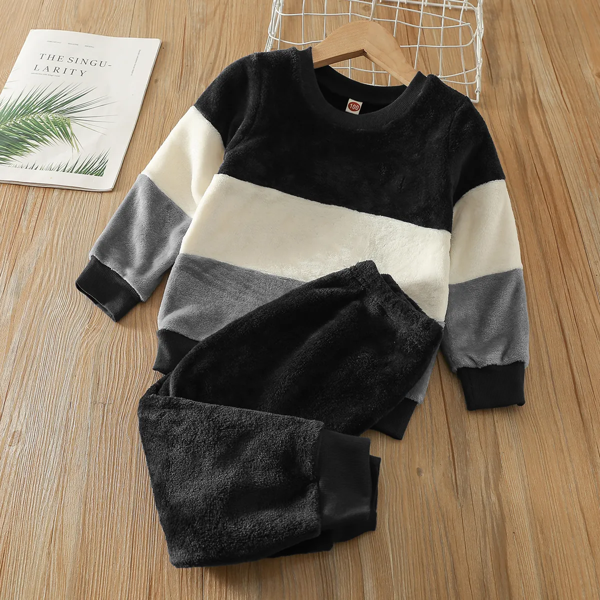 2-piece Toddler Boy Colorblock Fuzzy Flannel Fleece Pullover Sweatshirt and Solid Color Pants Set Reactiveblack