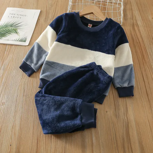 2-piece Toddler Boy Colorblock Fuzzy Flannel Fleece Pullover Sweatshirt and Solid Color Pants Set