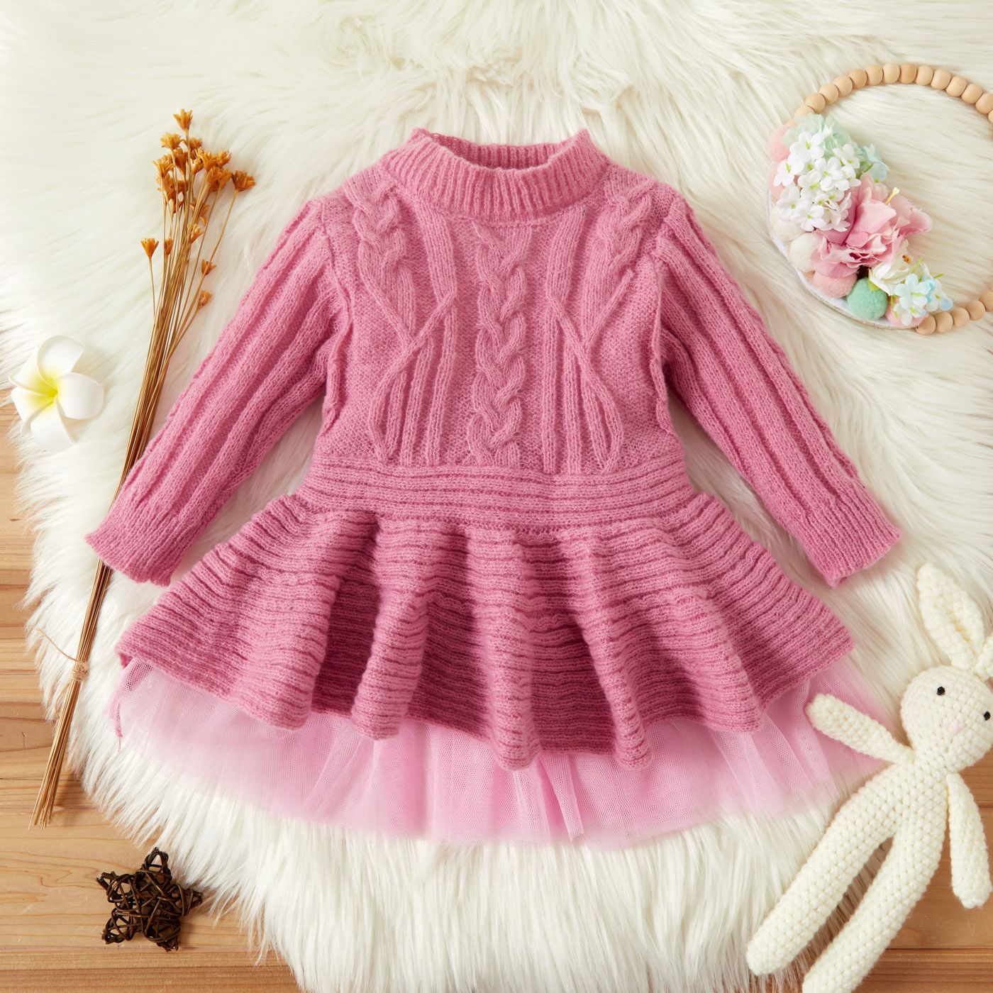 

Baby Girl Solid Knitted Mock Neck Long-sleeve Mesh Hem Dress