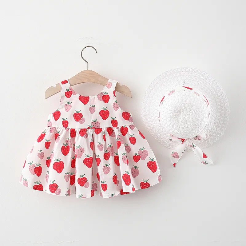 100 ٪ قطن قطعتان طفلة في جميع أنحاء فستان بدون أكمام مطبوع عليه فراولة حمراء مع مجموعة قبعة أحمر big image 1