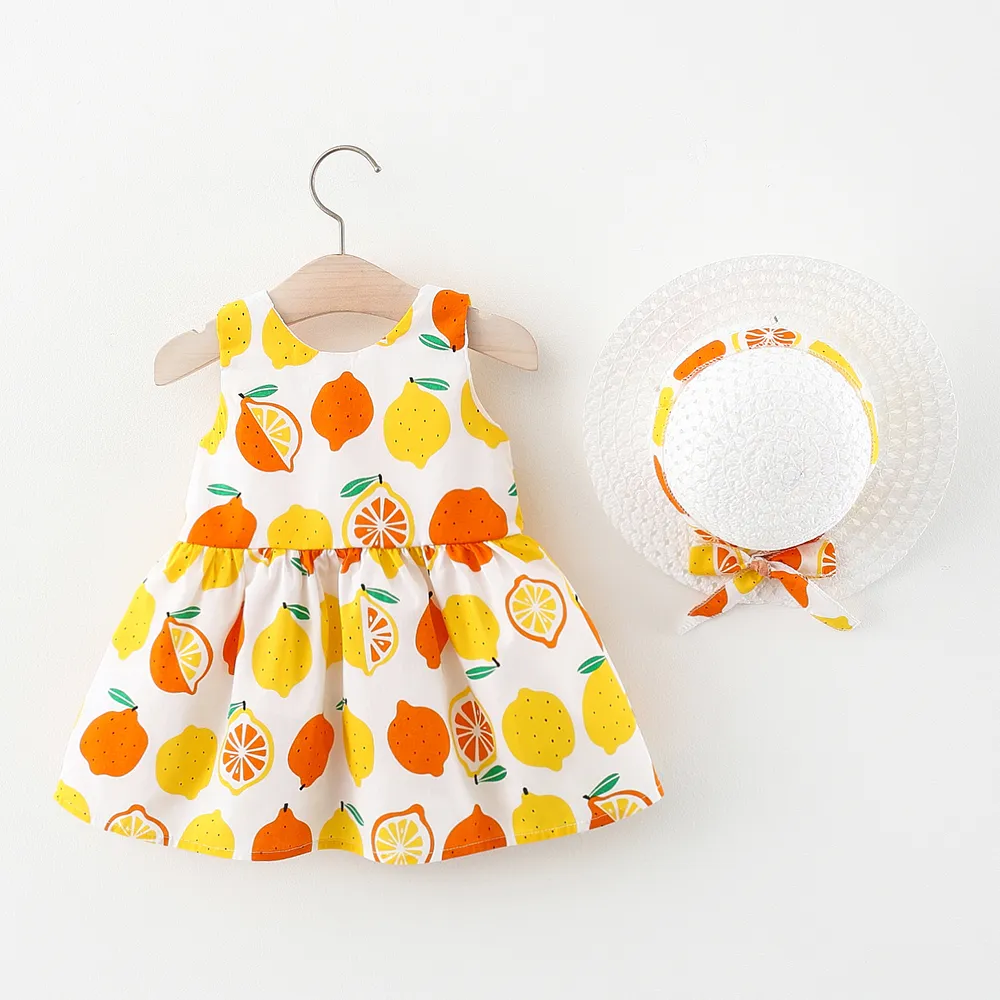 100% Cotton 2pcs Baby Girl All Over Lemon Print V Neck Sleeveless Bowknot Dress with Hat Set