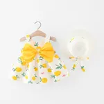 100% Cotton 2pcs Baby Girl All Over Red Strawberry Print Sleeveless Bowknot Dress with Hat Set Yellow