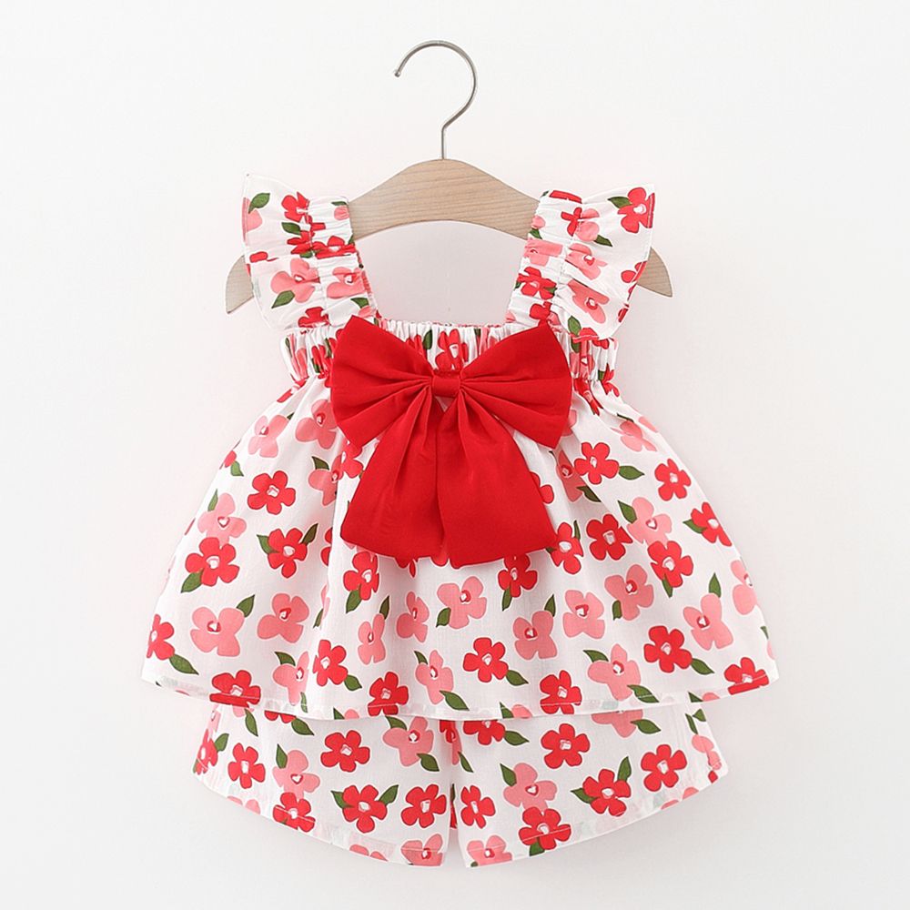 

2pcs Baby Girl Bow Front Allover Floral Print Square Neck Neck Flutter-sleeve Top and Shorts Set