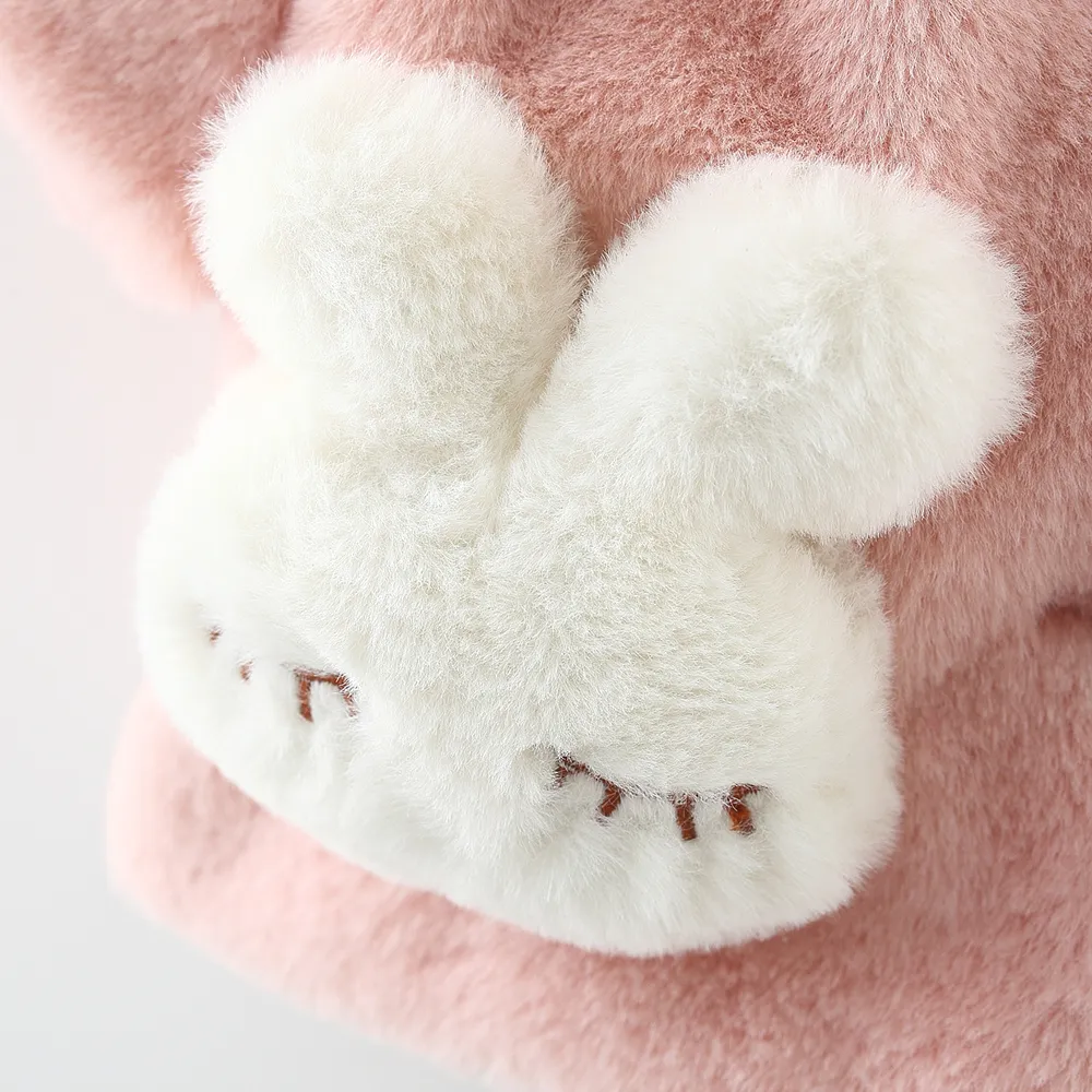 Baby Girl Rabbit Ear Hooded Half-sleeve Thermal Fuzzy Coat Pink big image 1