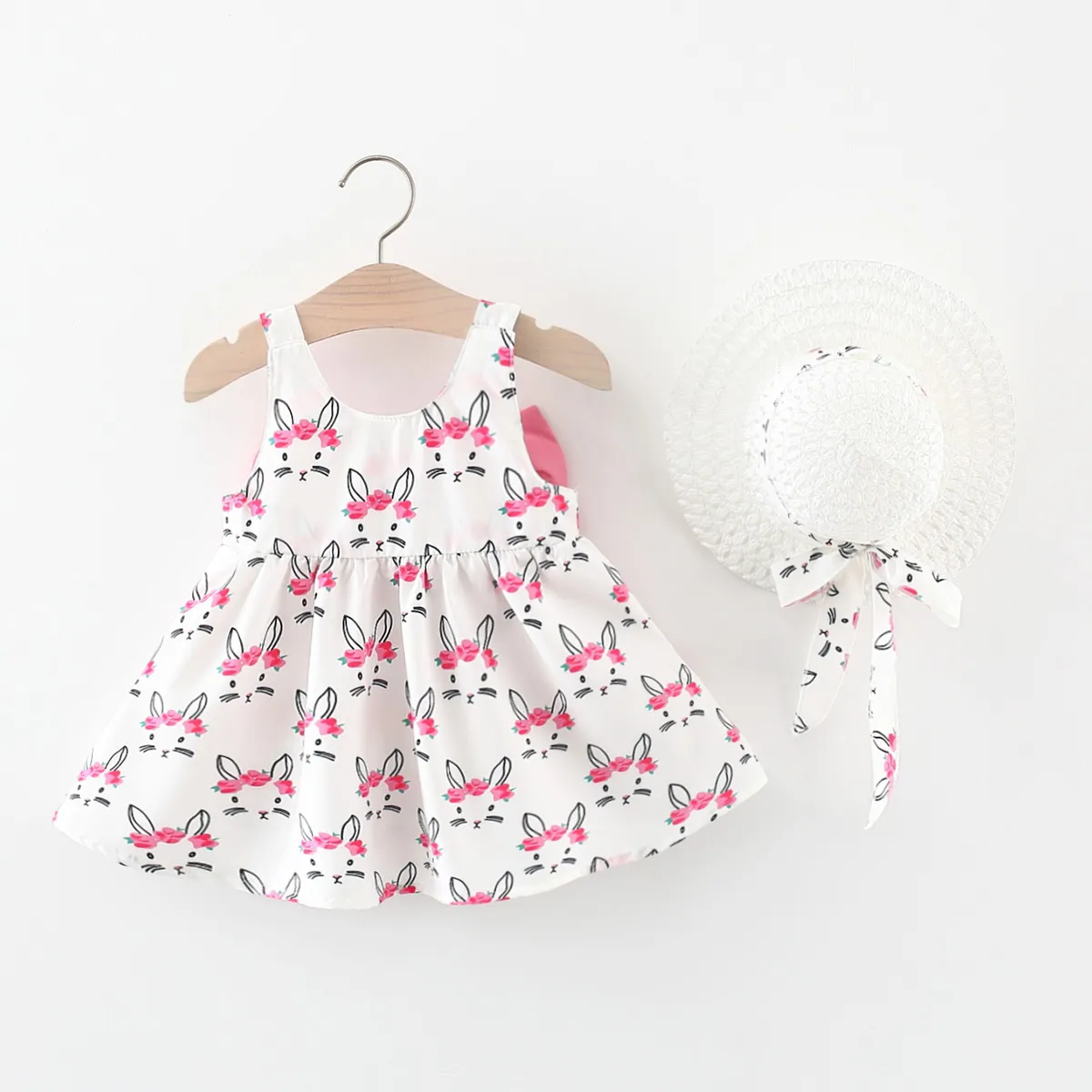 2pcs Baby Girl Bow Front Pretty Rabbit Print Tank Dress & Hat Set  image 2