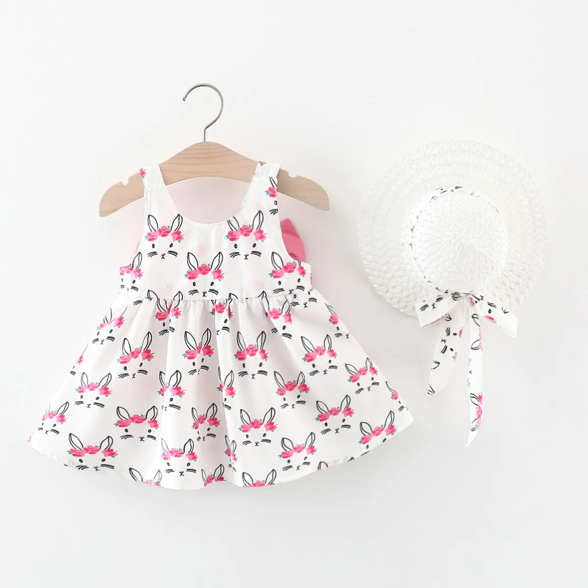 2pcs Baby Girl Bow Front Pretty Rabbit Print Tank Dress & Hat Set Pink big image 1