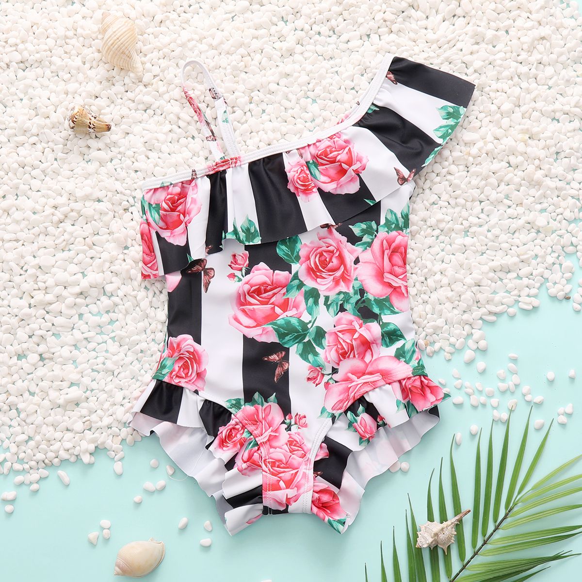 

Toddler Girl Sweet Floral Print Ruffled One Piece Swimsuit